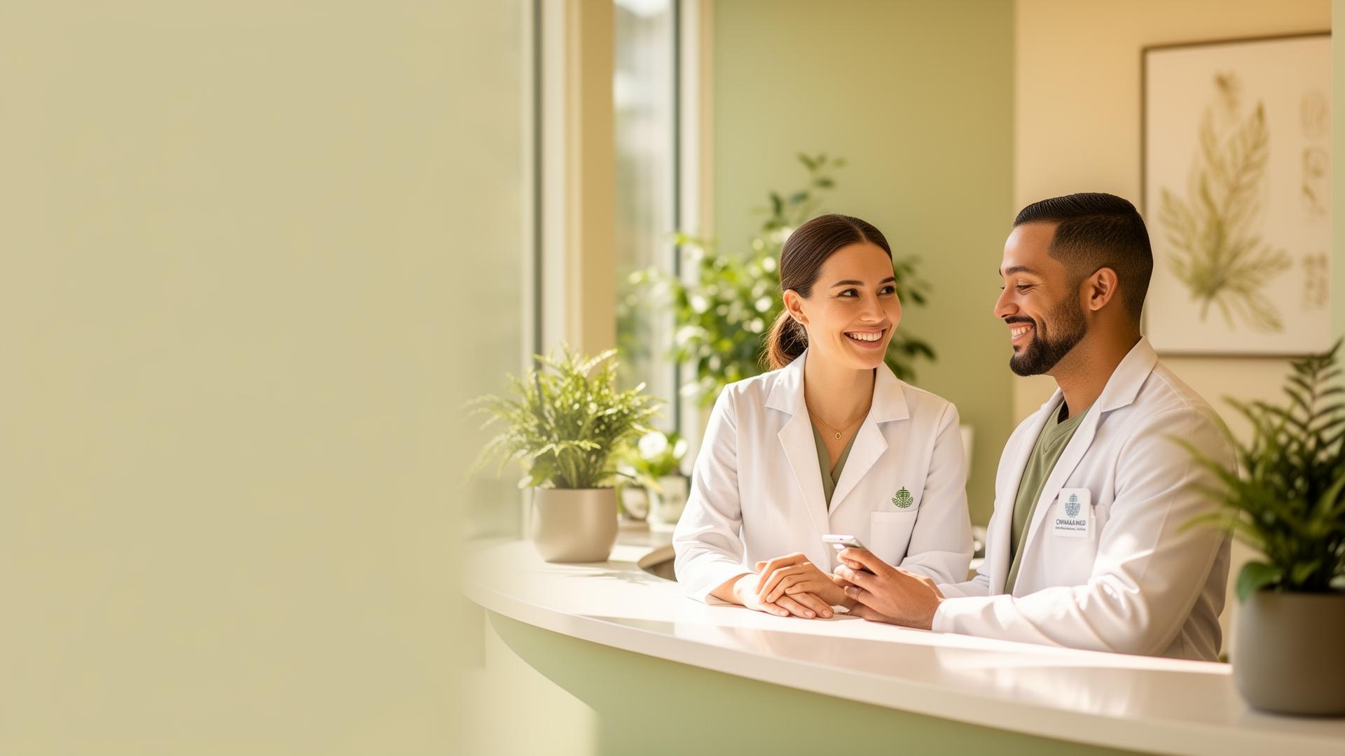 Thriving wellness practitioners welcoming patients in a holistic clinic